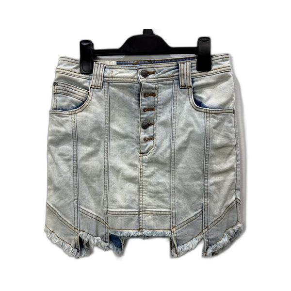 Aje Womens Denim Mini Skirt Light Blue Frayed Hem Button Front Size 10