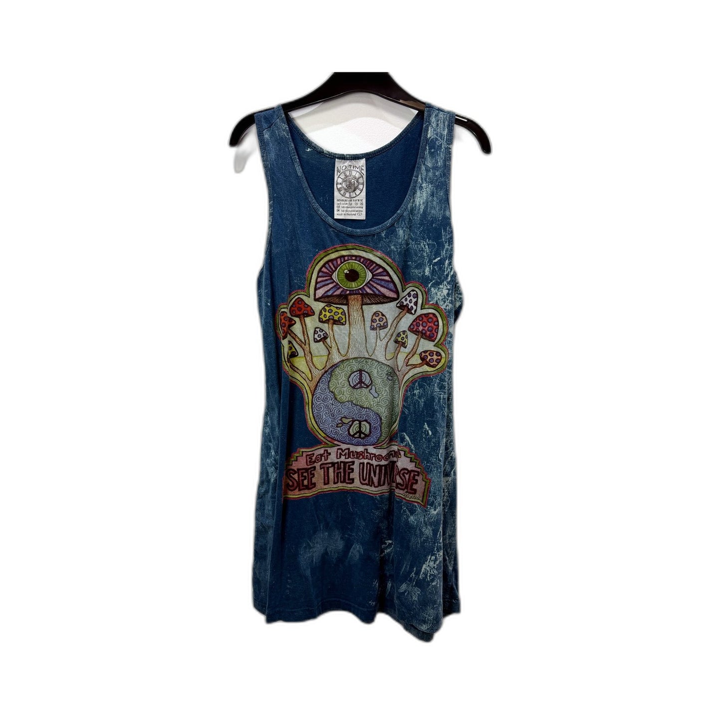 No Time Mens Vintage Style Tank Top Psychedelic Mushroom Print Blue Size L