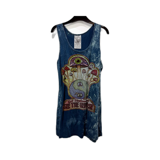 No Time Mens Vintage Style Tank Top Psychedelic Mushroom Print Blue Size L