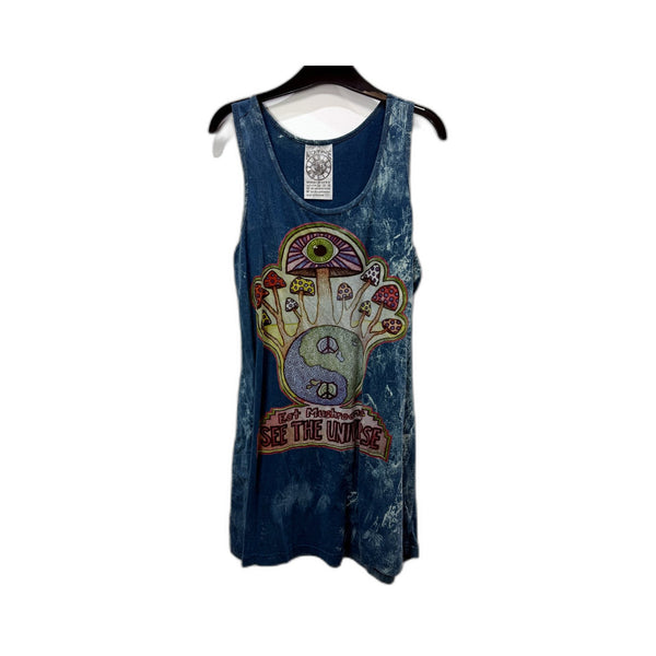 No Time Mens Vintage Style Tank Top Psychedelic Mushroom Print Blue Size L