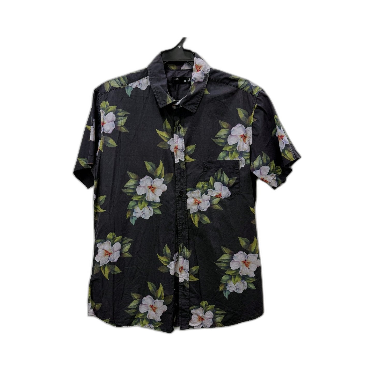 Goliath Mens Floral Button-Down Shirt Black with White and Green Print Size L