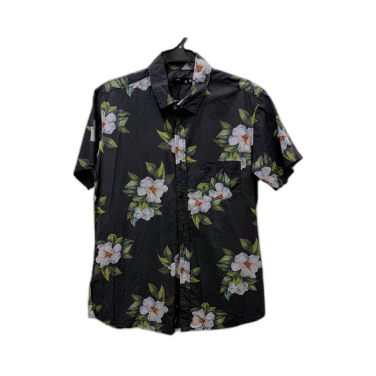 Goliath Mens Floral Button-Down Shirt Black with White and Green Print Size L