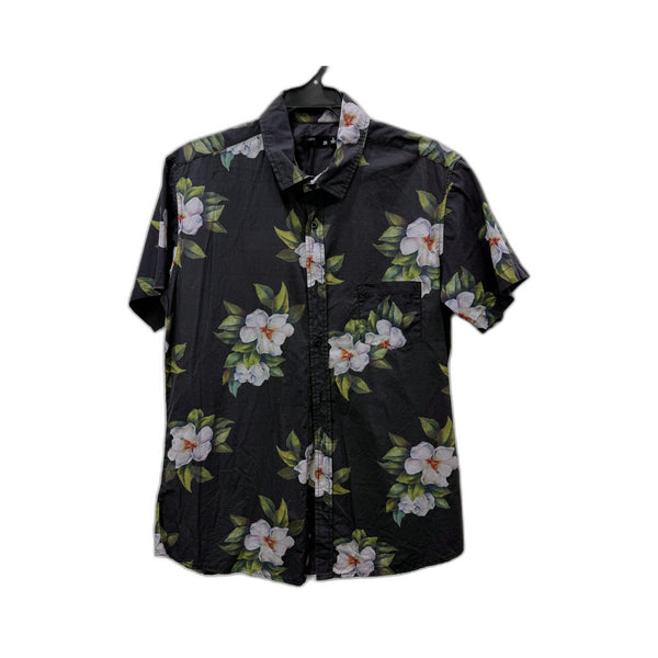 Goliath Mens Floral Button-Down Shirt Black with White and Green Print Size L