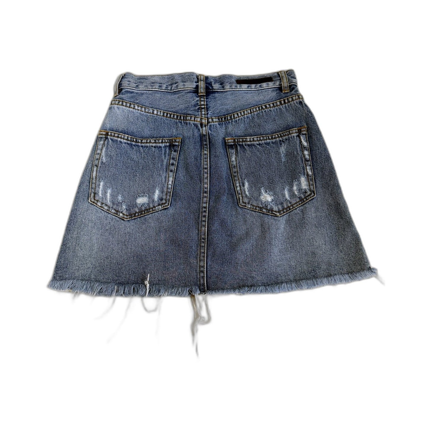 Decjub Womens Distressed Denim Skirt with Frayed Hem in Blue, Size 8