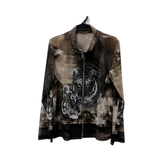 Youlim Design Womens Zip-Up Jacket Grey/Brown Tiger Print Polyester Size Small