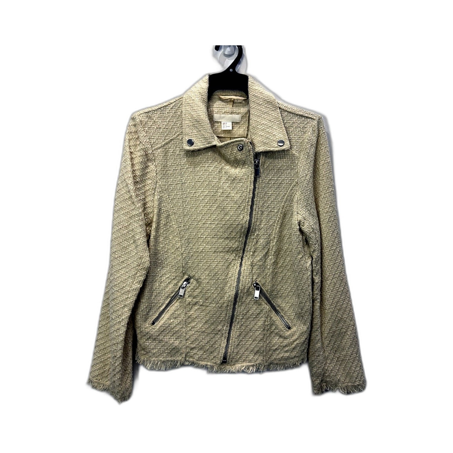 H&M Womens Textured Tweed Jacket with Frayed Beige Finish, Size 10