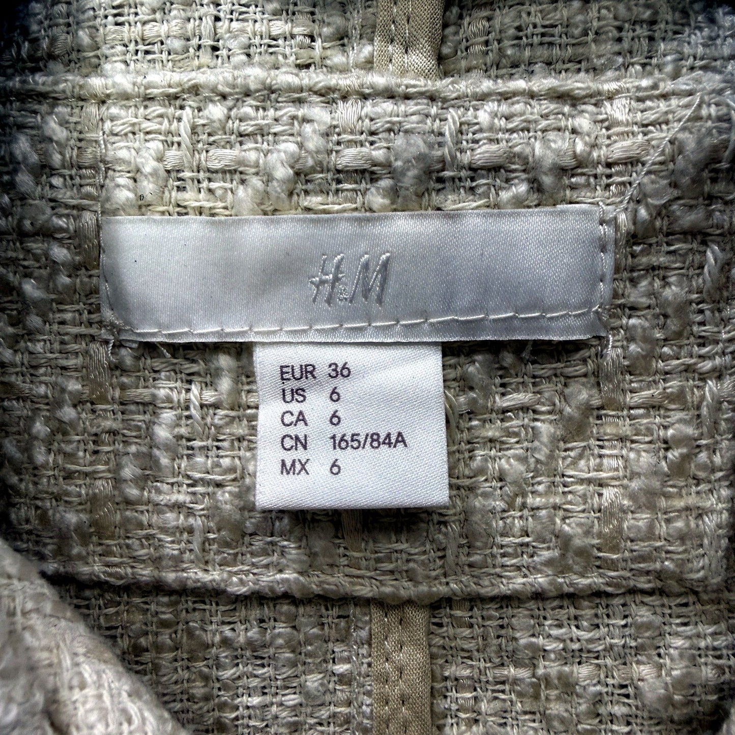 H&M Womens Textured Tweed Jacket with Frayed Beige Finish, Size 10