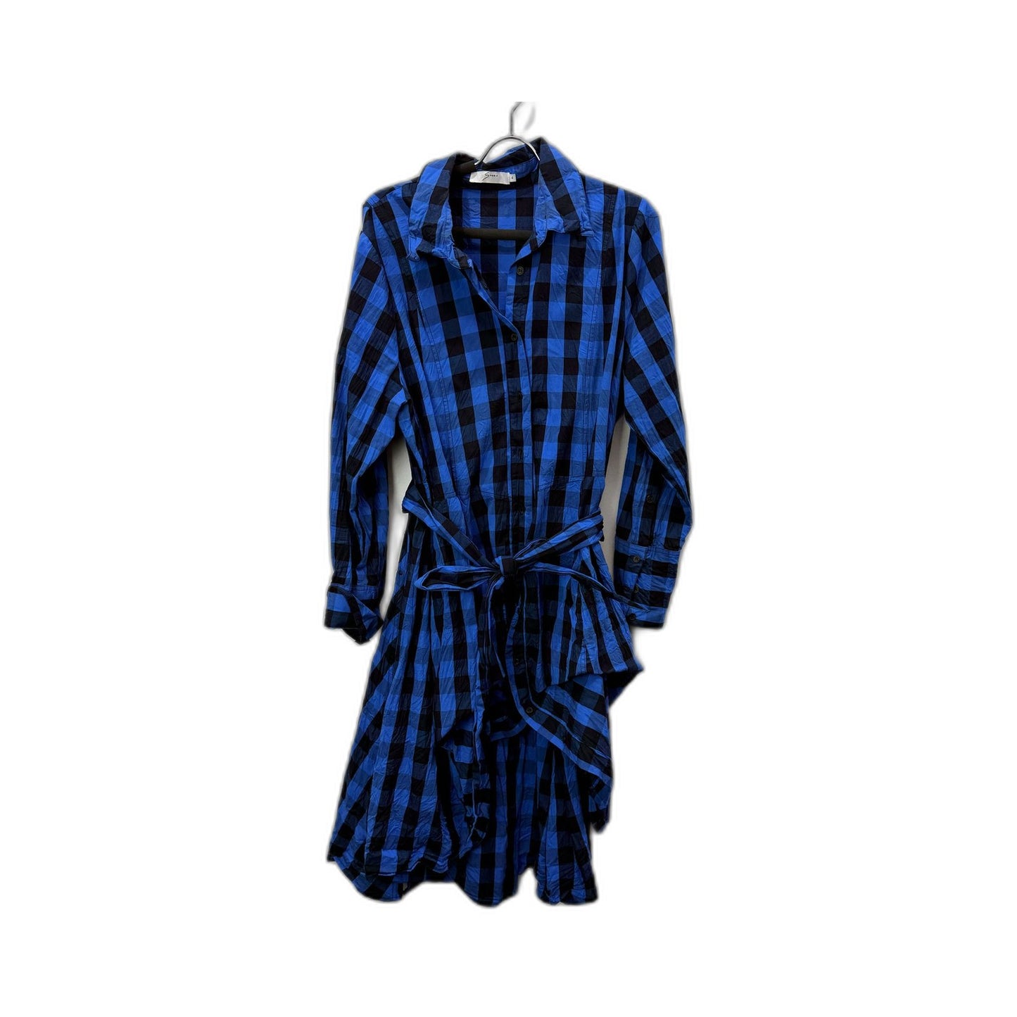 Plaid Womens Button Front Tie Waist Dress in Blue and Black, Size 4