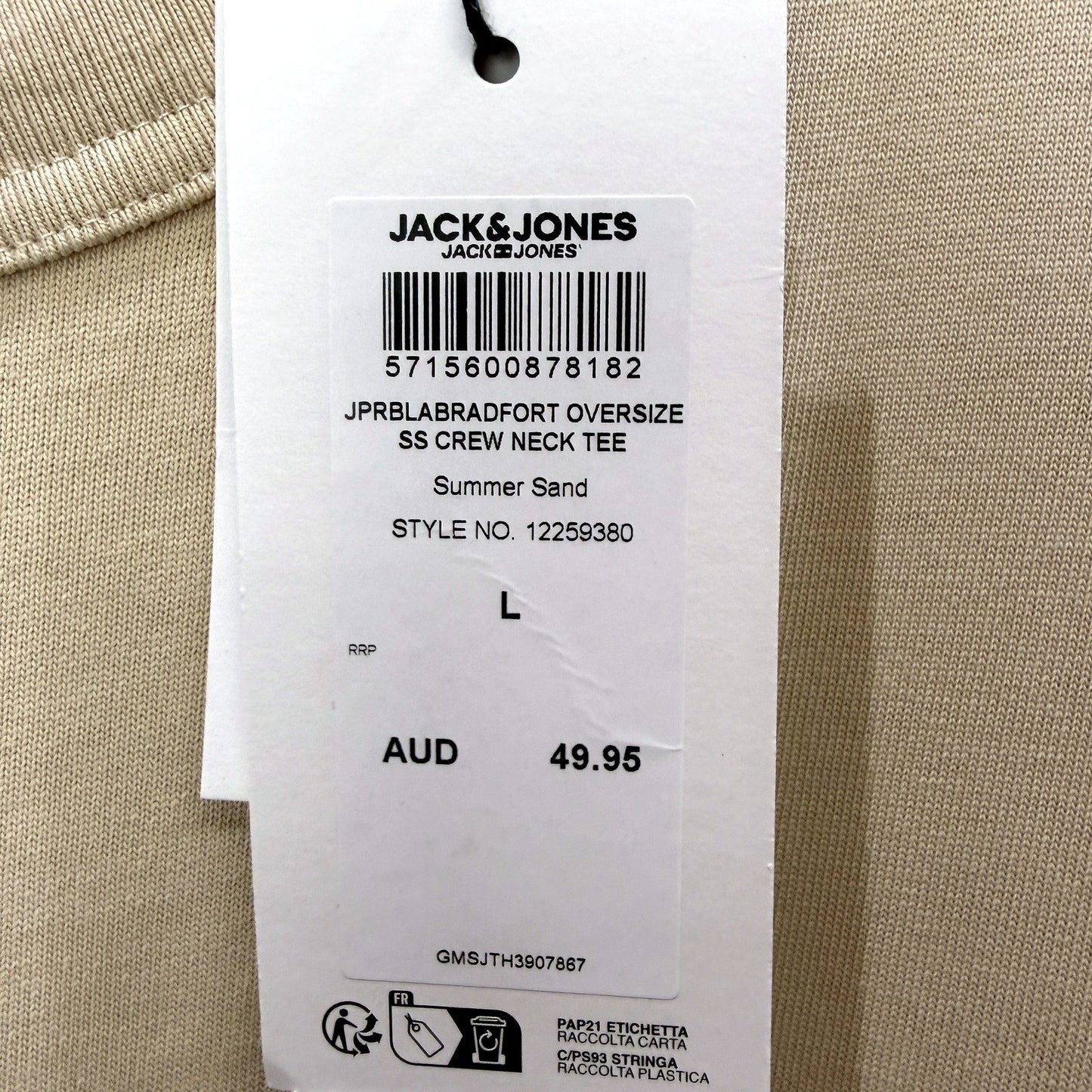 Jack & Jones Mens Oversized Crew Neck T-Shirt Cotton Summer Sand Size L NEW