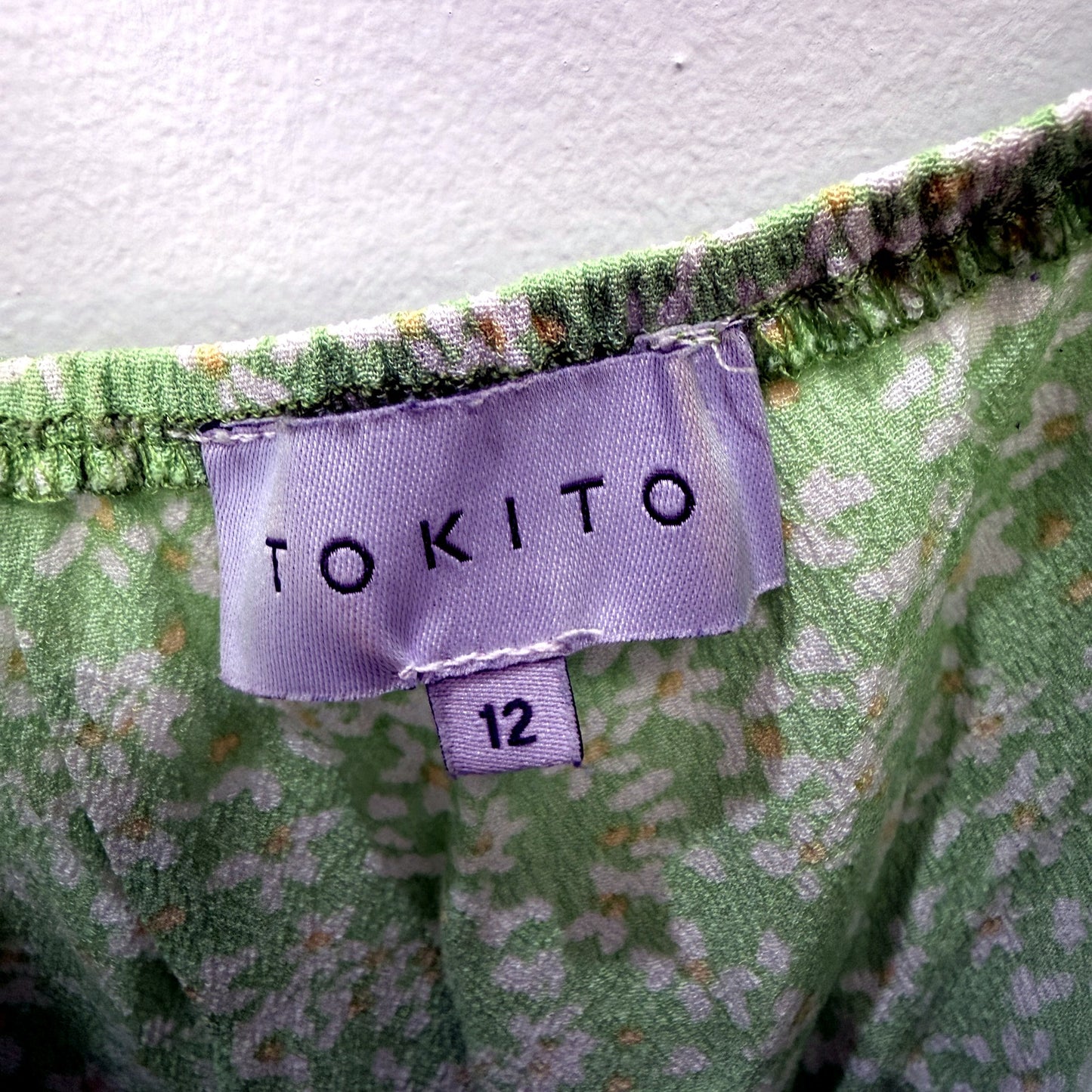 Tokito Womens Floral Print Dress Puff Sleeve Ruffle Green White Size 1–  Vinnies Online