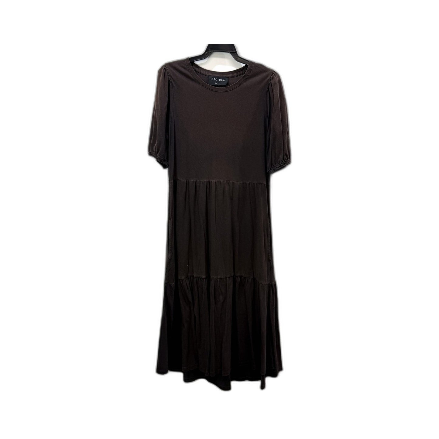 Decjuba Womens Tiered Midi Dress Relaxed Fit Puff Sleeve Dark Brown Size S