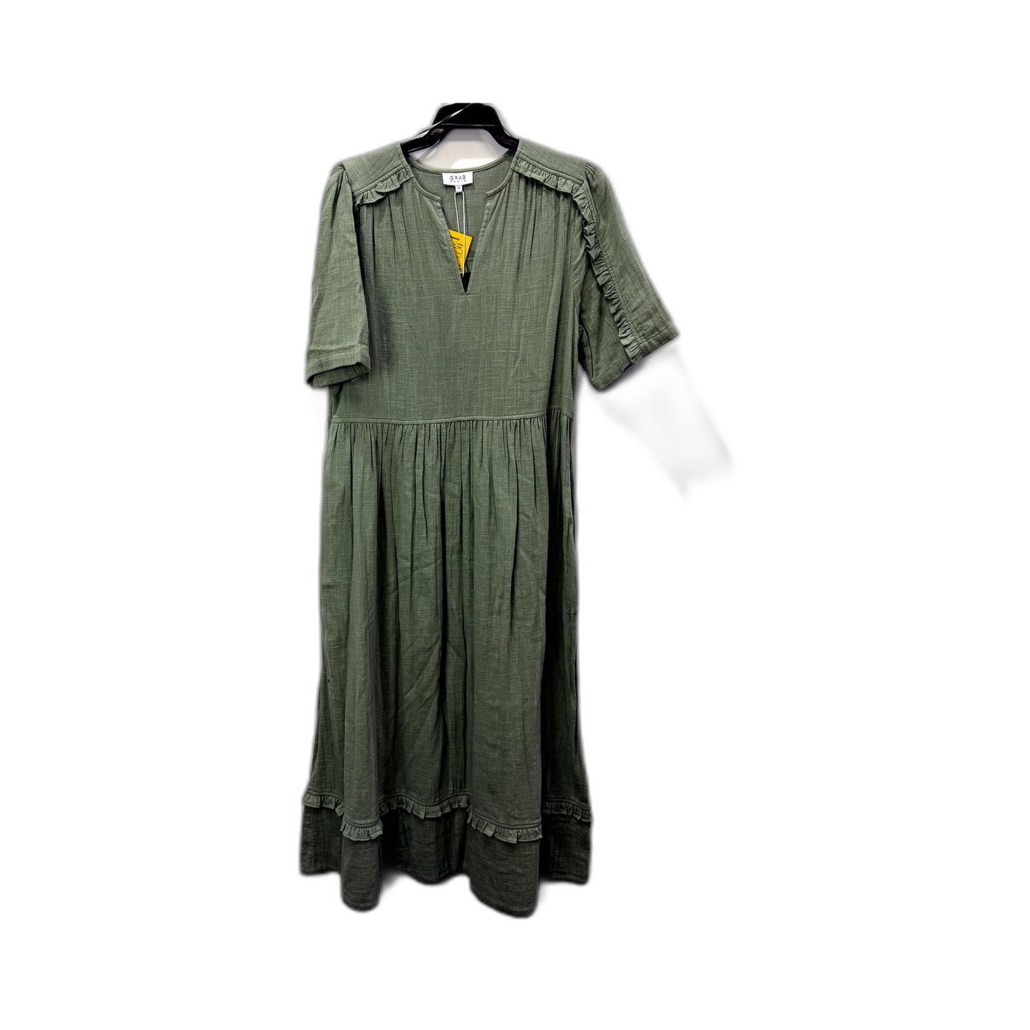 Grab Denim Womens Ruffle Puff Sleeve Dress Organic Cotton Sage Green Size 10 NEW