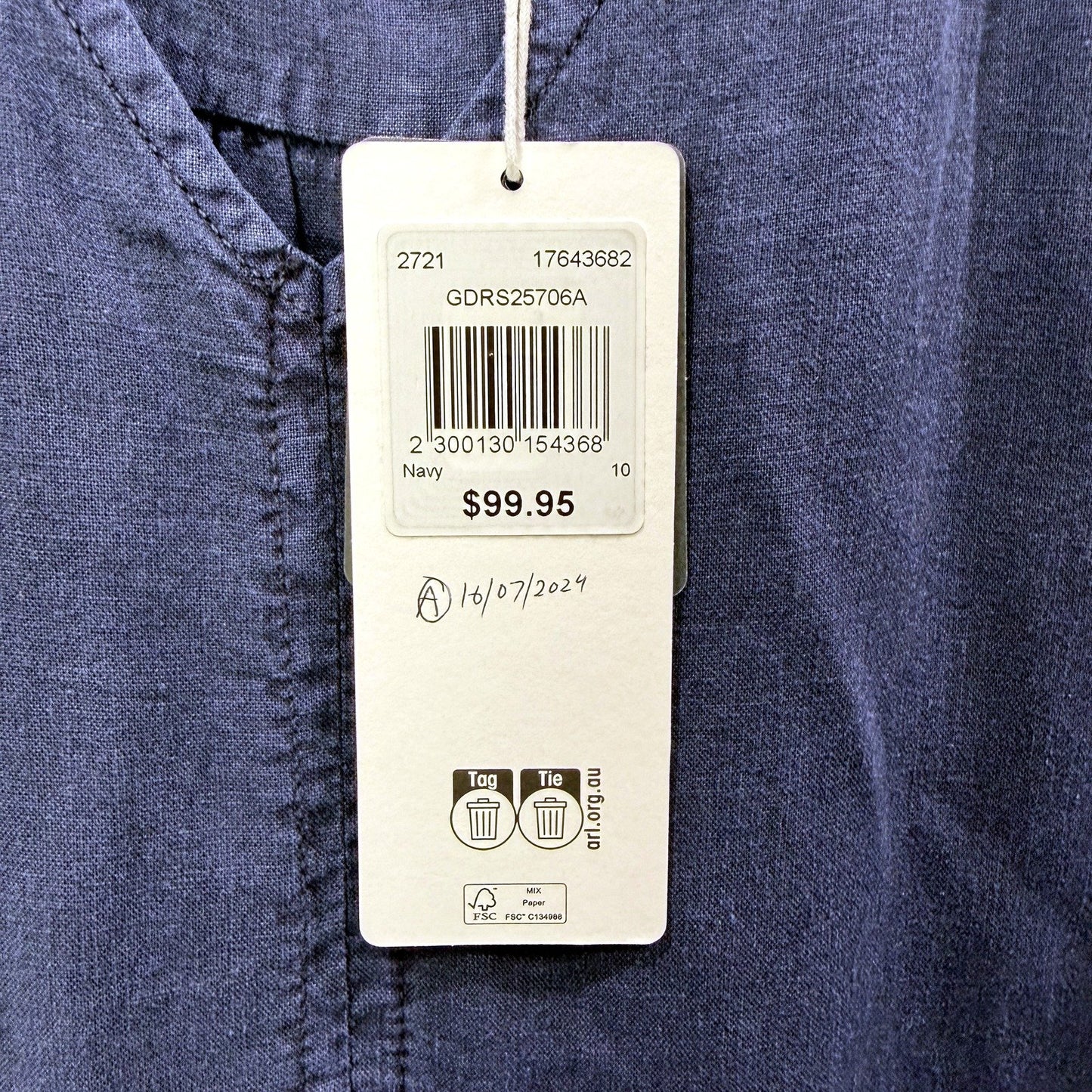 GRAD DENIM Womens Tiered Puff Sleeve Linen Viscose Navy Dress Size 10 NEW