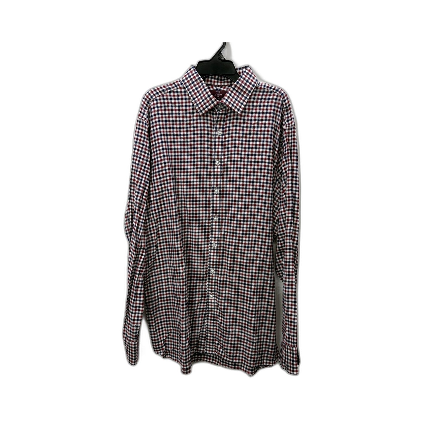 M&S Mens Plaid Button-Down Shirt Burgundy and Navy Cotton Casual Size L