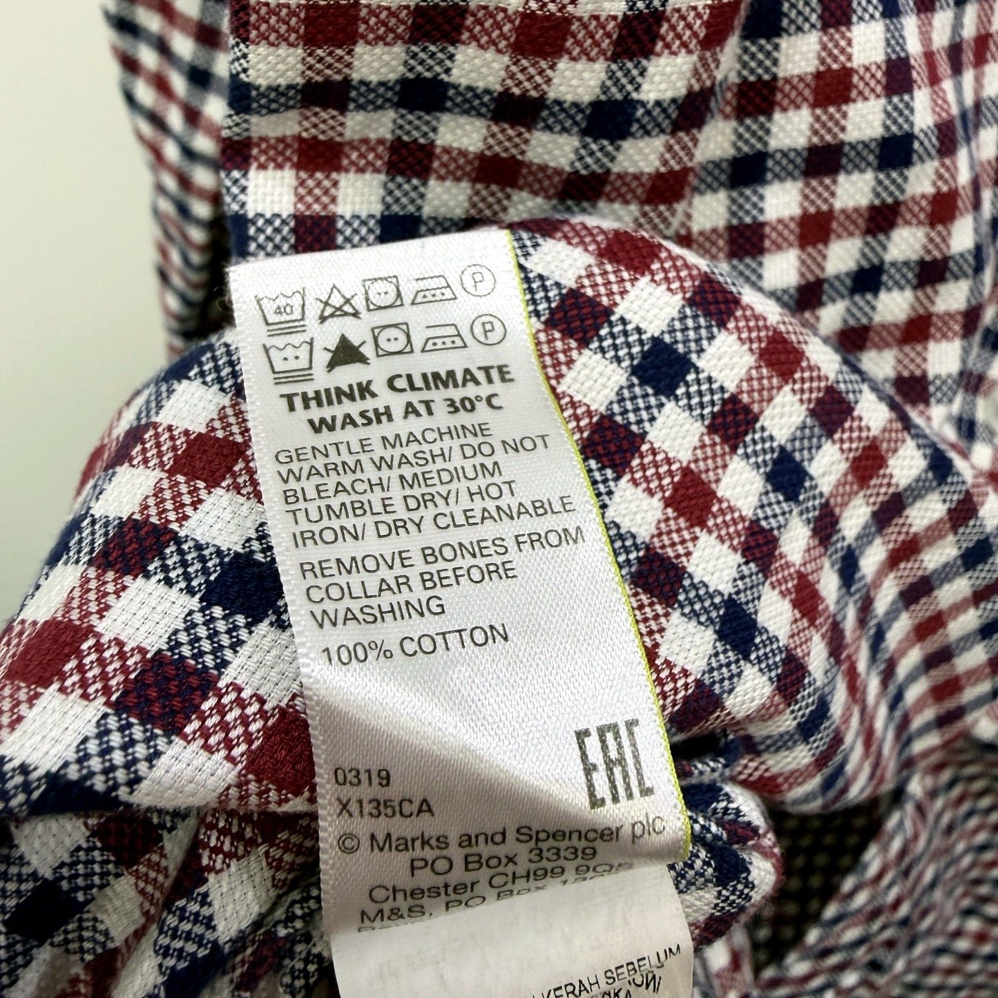 M&S Mens Plaid Button-Down Shirt Burgundy and Navy Cotton Casual Size L