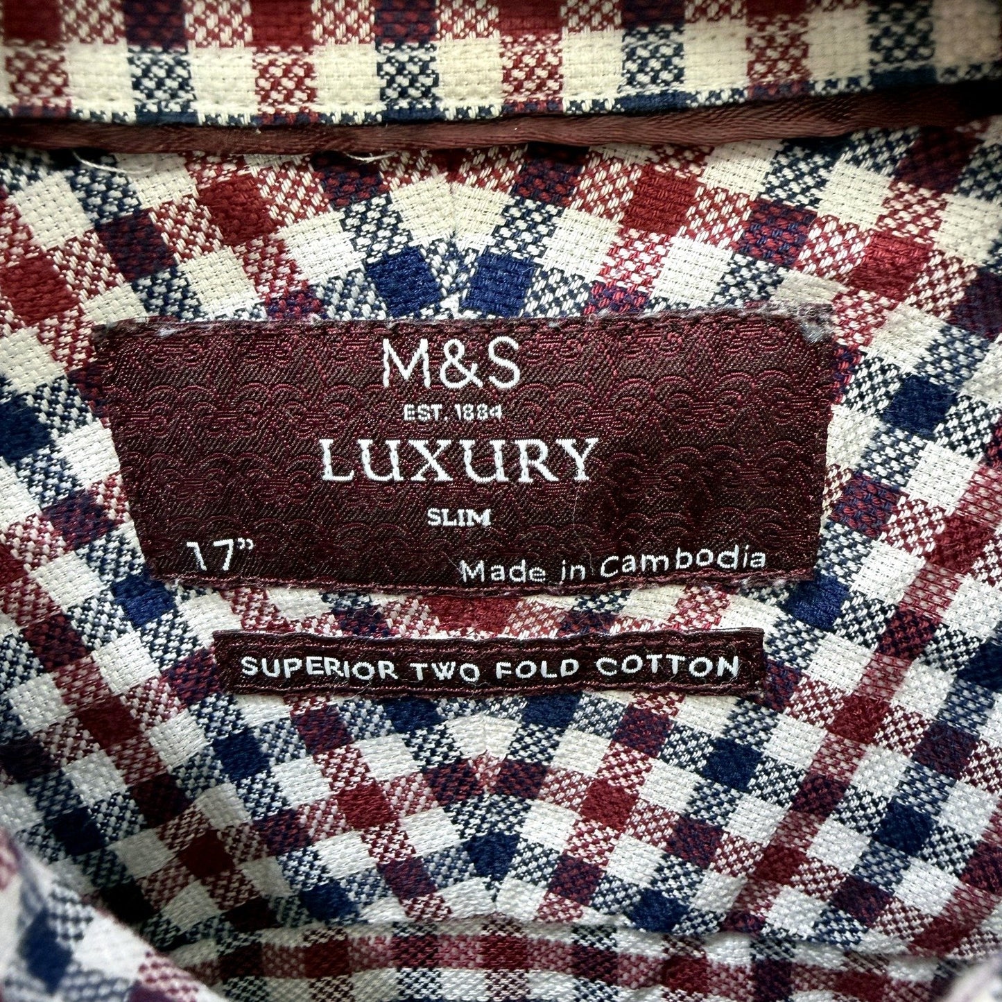 M&S Mens Plaid Button-Down Shirt Burgundy and Navy Cotton Casual Size L