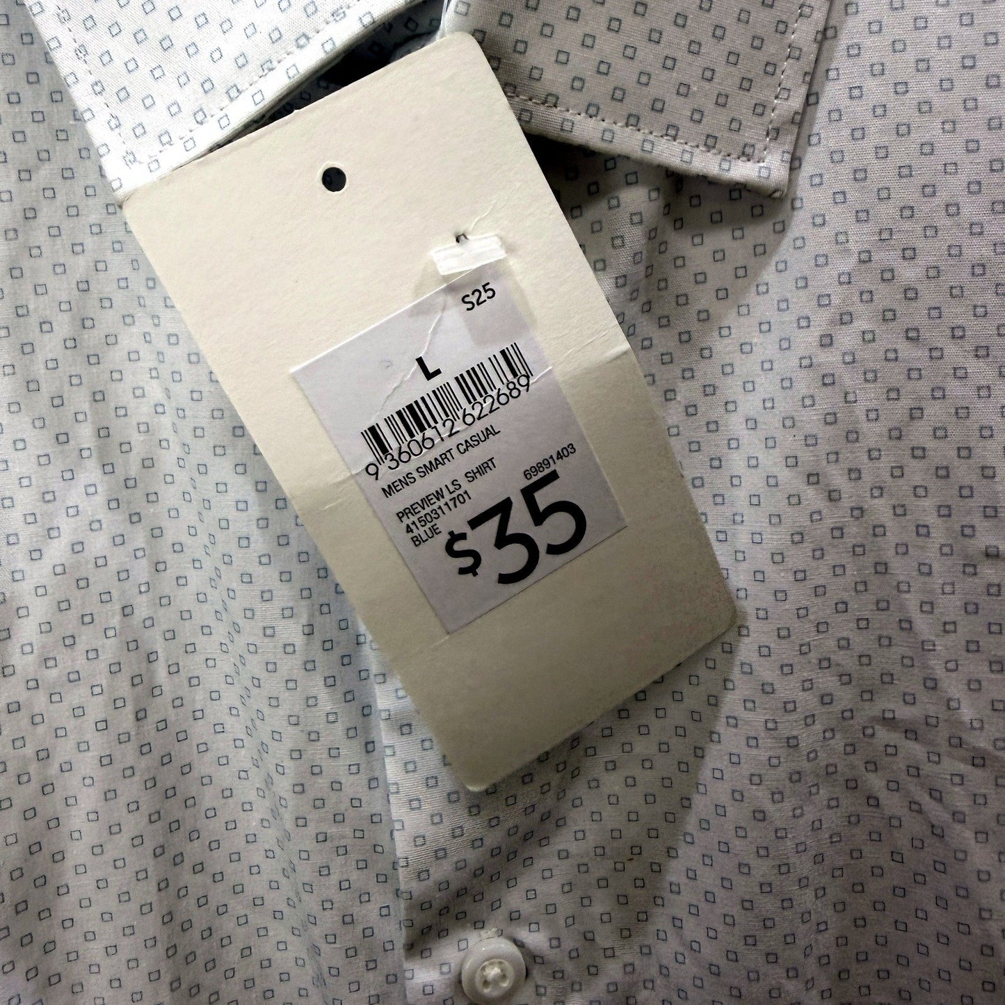 Smart Mens Casual White Shirt with Blue Pattern - Size L NEW