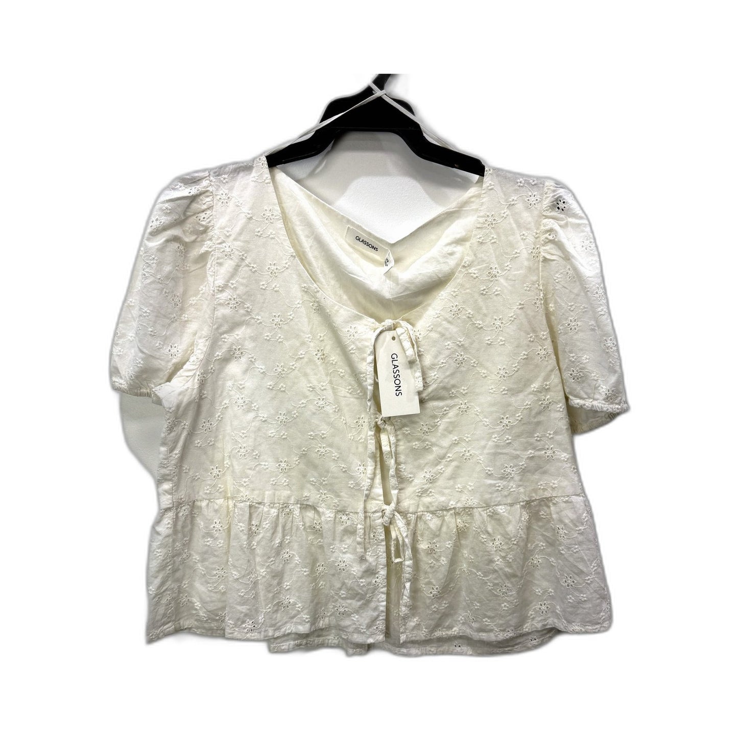 Glassons Womens Floral Puff Sleeve Eyelet Cotton Blouse in White, Size 10 NEW