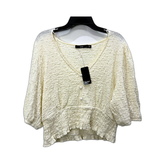 Sportsgirl Womens Puff Sleeve Ruffle Hem Pullover Blouse in Cream, Size L NEW