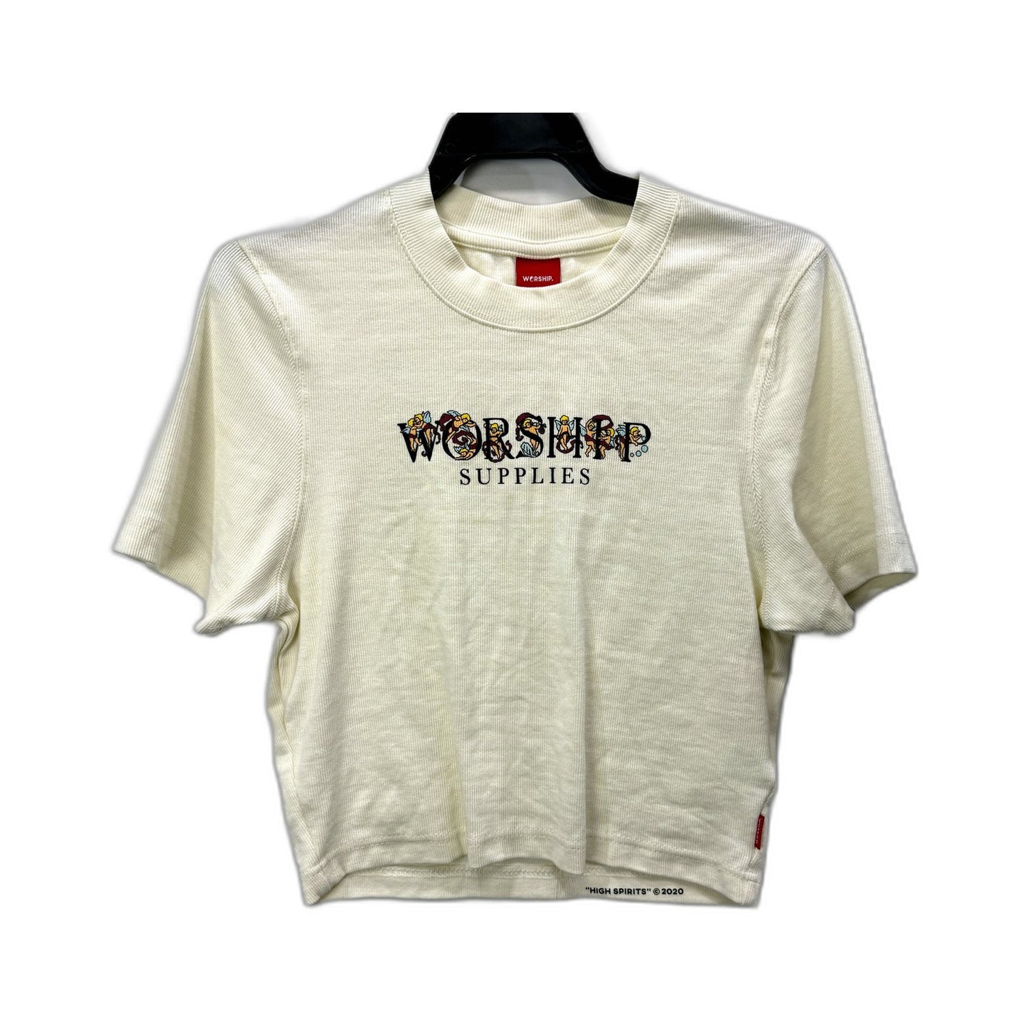 Worship Supplies Womens Cropped T-Shirt Graphic Organic Cotton Cream Size 16