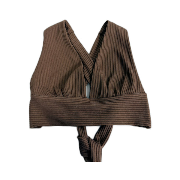 Rumor Womens Knit Cropped Tie-Up Top in Soft Plush Brown, Size 10