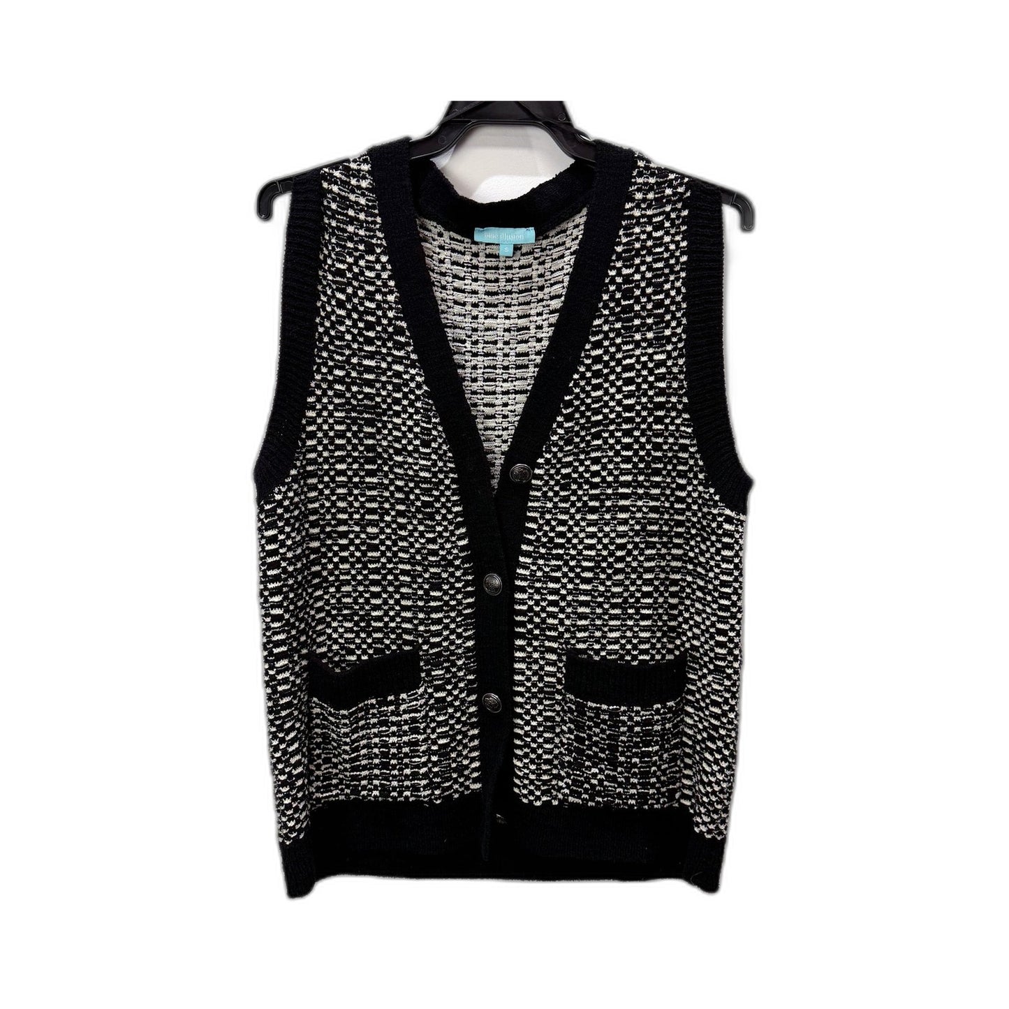 Blue Illusion Womens Knit Vest Patterned Button Front Black and White Size S