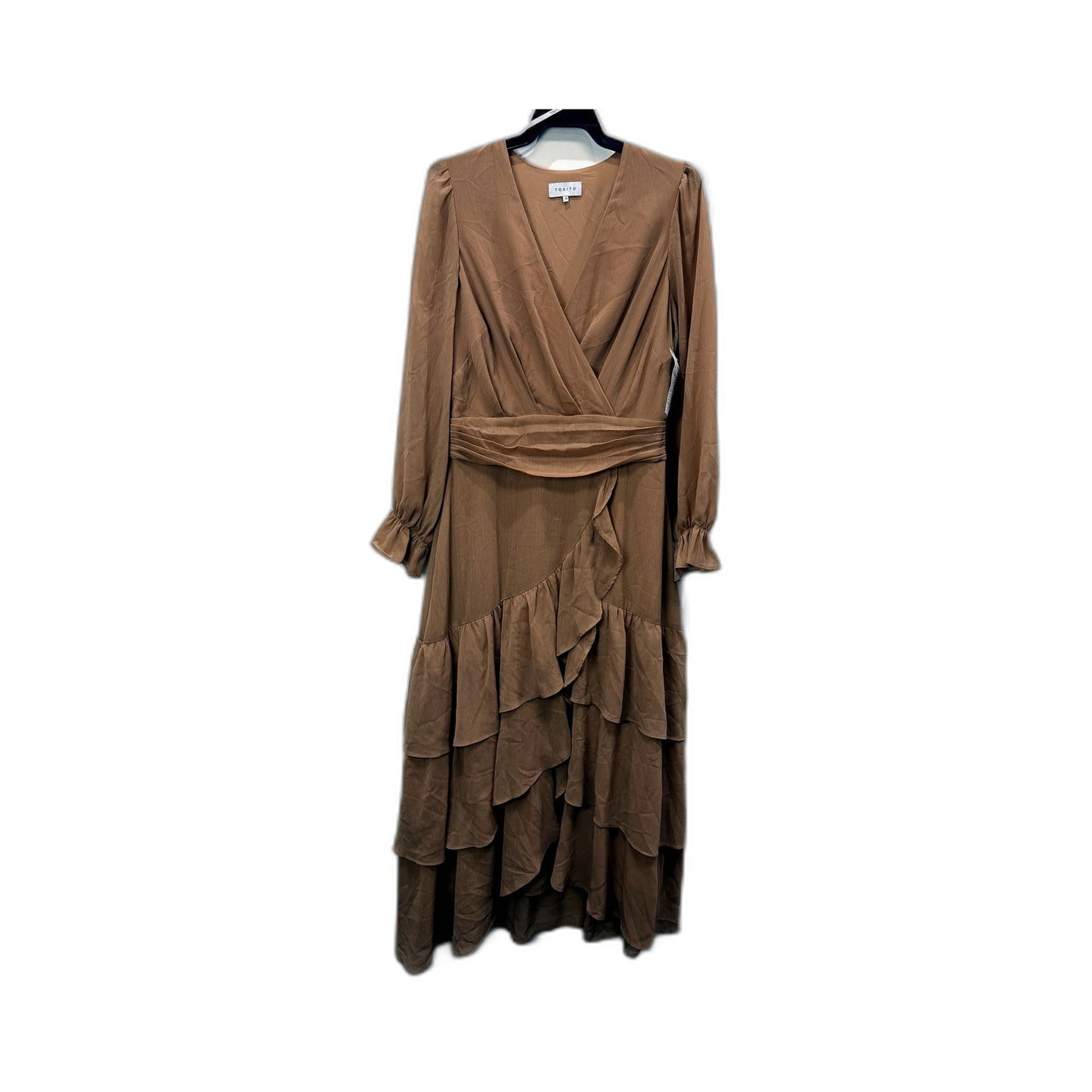 Tokito Womens Ruffled Wrap Dress - Long Sleeve Brown Size 10 NEW