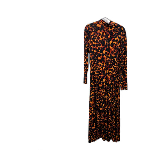 SABA Womens Midi Dress Orange and Black Leopard Print High Neck Long NEW