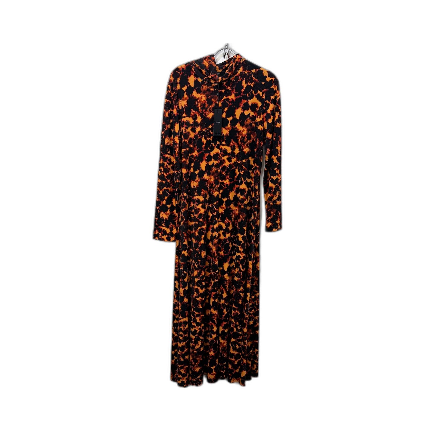 SABA Womens Midi Dress Orange and Black Leopard Print High Neck Long NEW