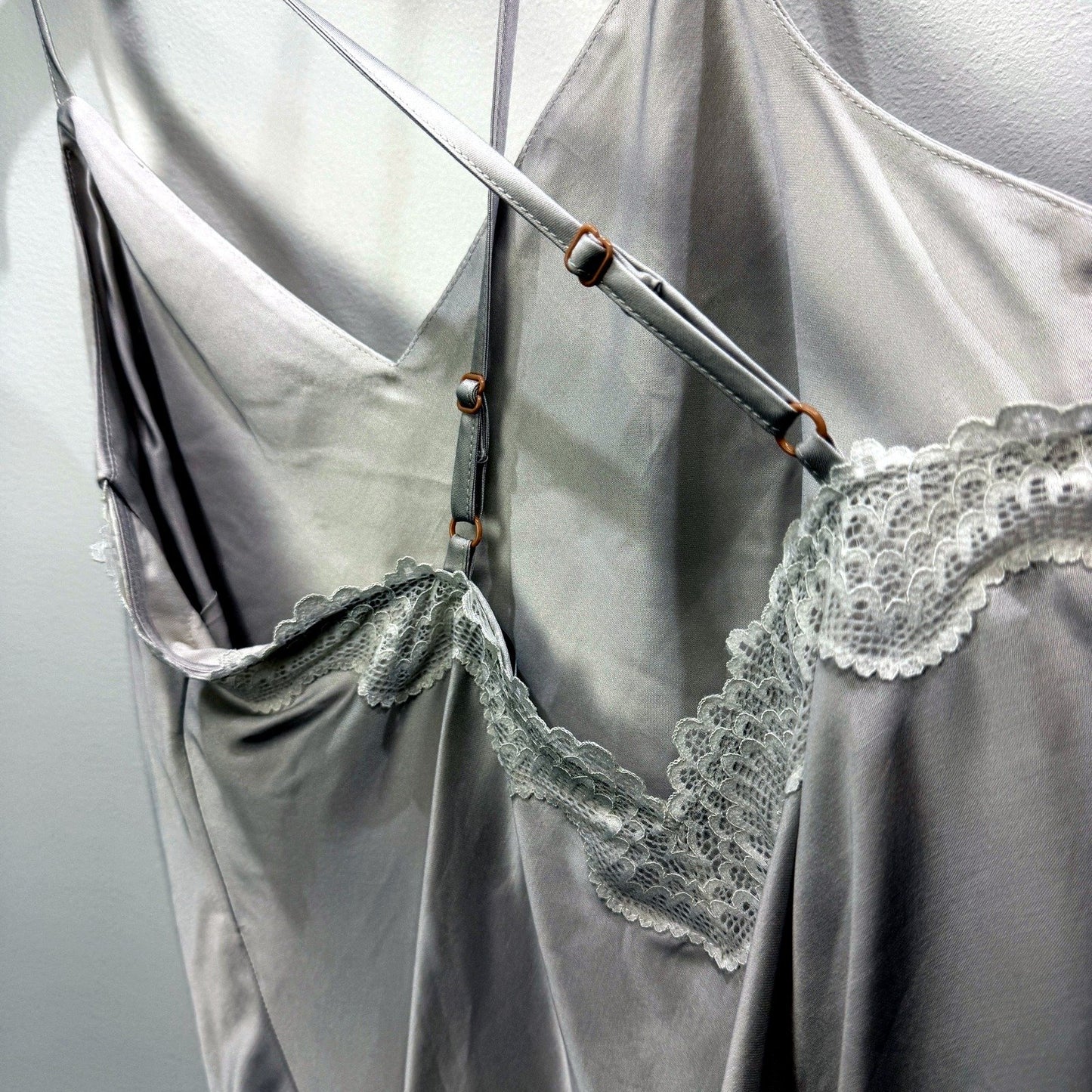 Chloe & Lola Womens Satin Slip Dress with Lace Trim in Silver, Size S NEW