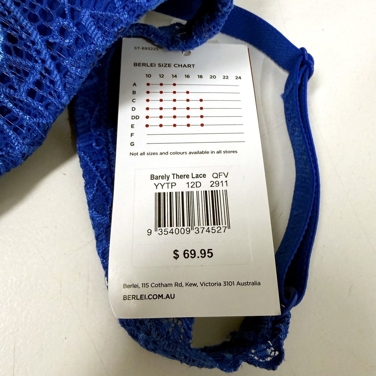 Berlei Womens Barely There Lace T-Shirt Bra Underwire Lingerie Blue Size 12D NEW
