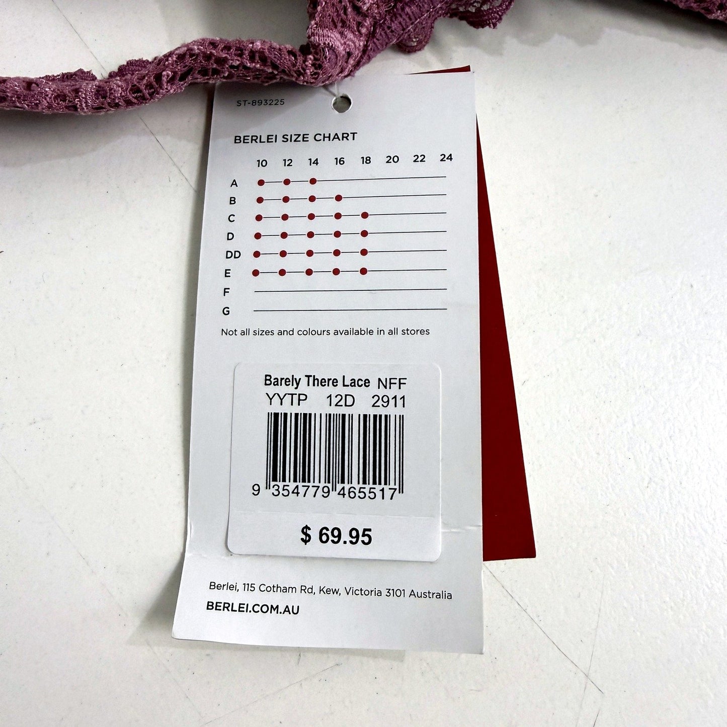 Berlei Womens Lace T-Shirt Bra, Barely There, Purple, Size 12D NEW