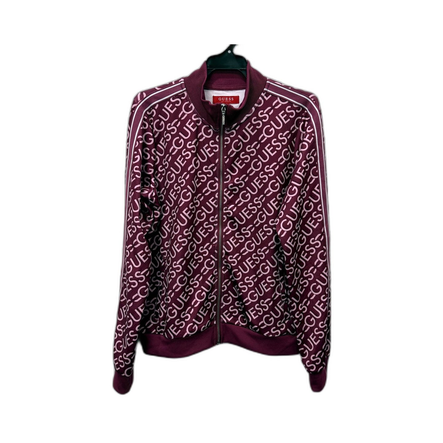Guess Womens Zipped Jacket Burgundy Pullover Sweatshirt Logo Print Size 12 NEW