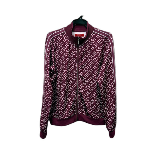 Guess Womens Zipped Jacket Burgundy Pullover Sweatshirt Logo Print Size 12 NEW