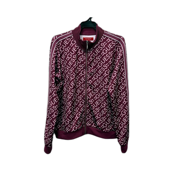 Guess Womens Zipped Jacket Burgundy Pullover Sweatshirt Logo Print Size 12 NEW