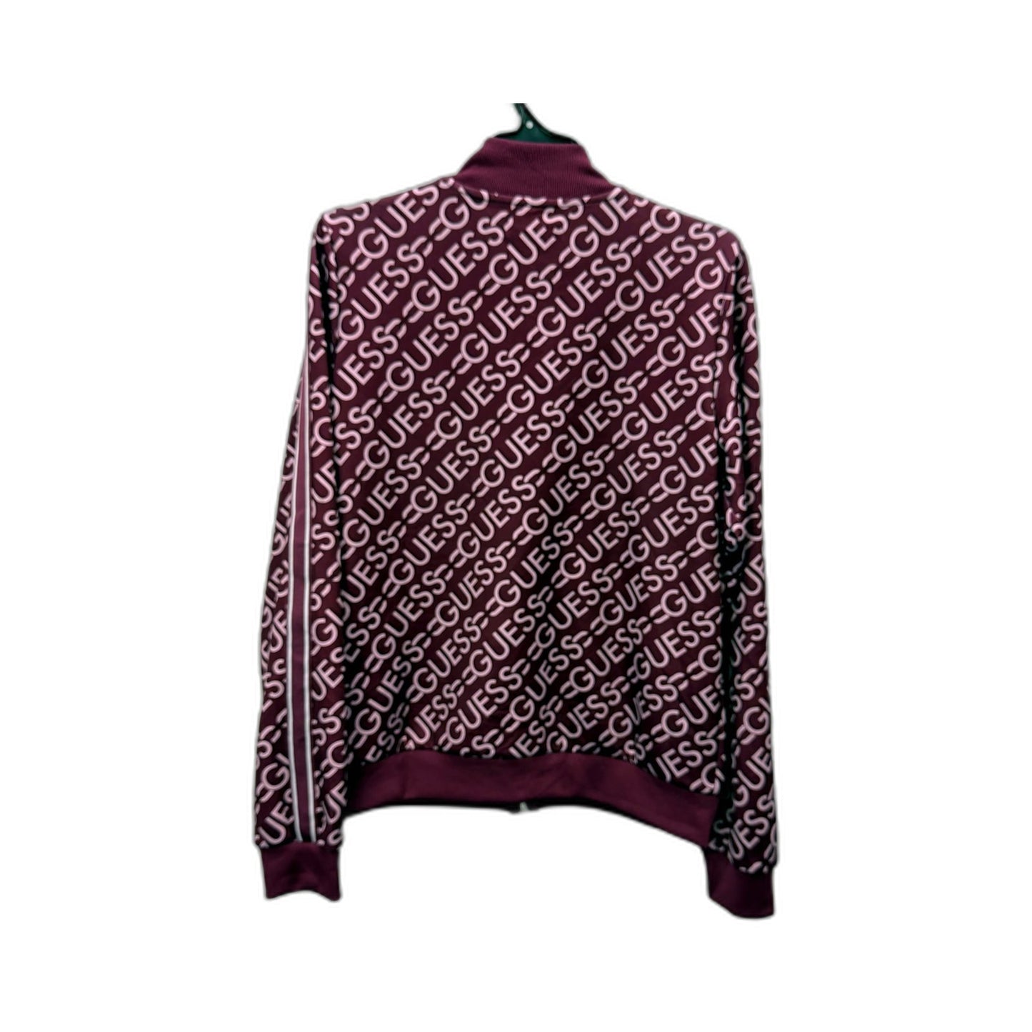 Guess Womens Zipped Jacket Burgundy Pullover Sweatshirt Logo Print Size 12 NEW