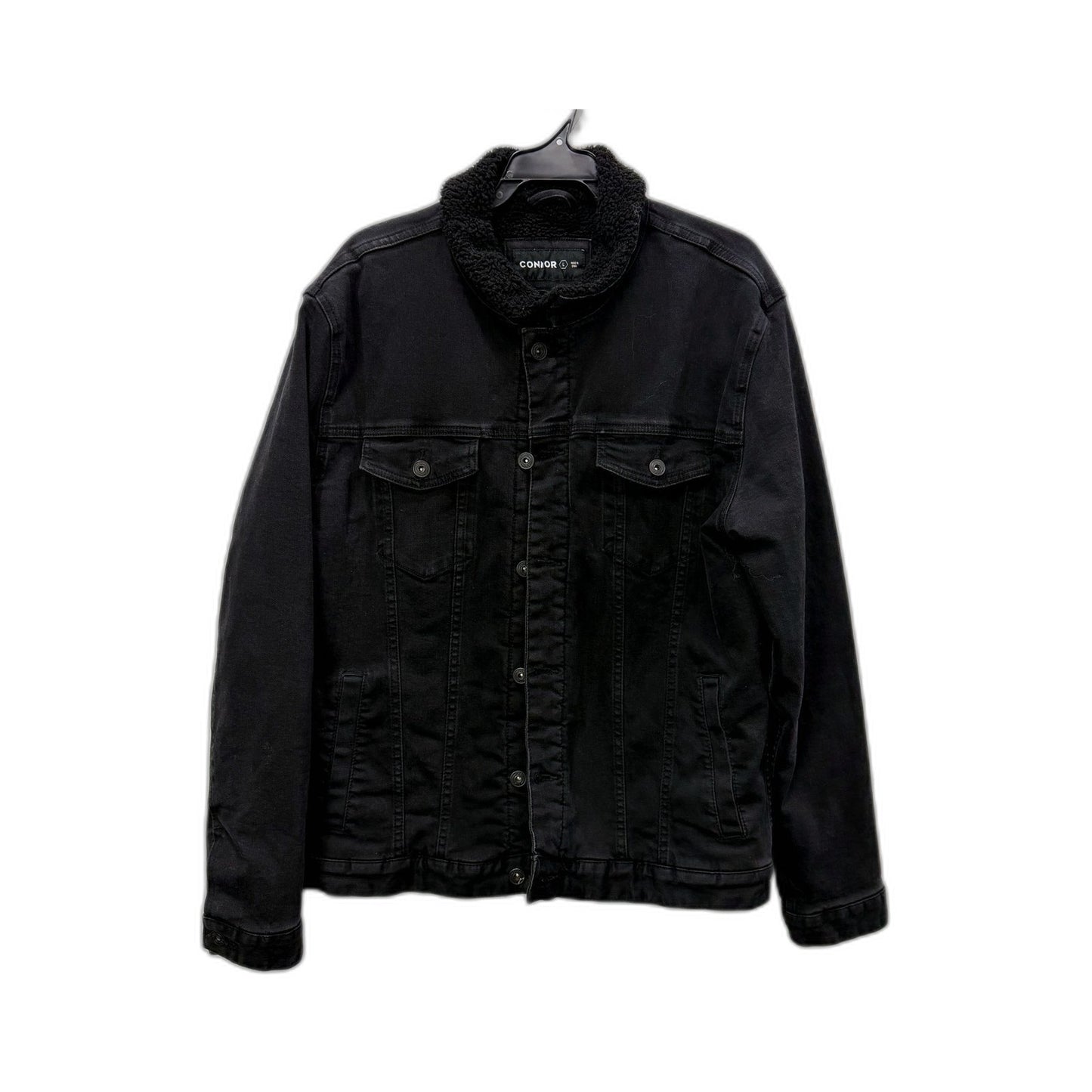 Connor Mens Denim Jacket with Faux Fur Collar in Black, Size L