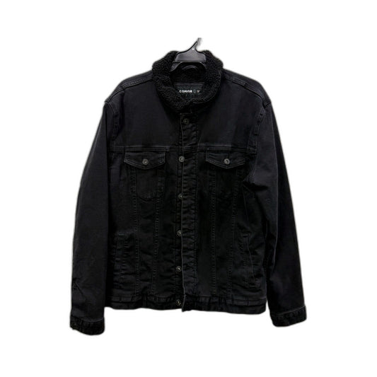 Connor Mens Denim Jacket with Faux Fur Collar in Black, Size L