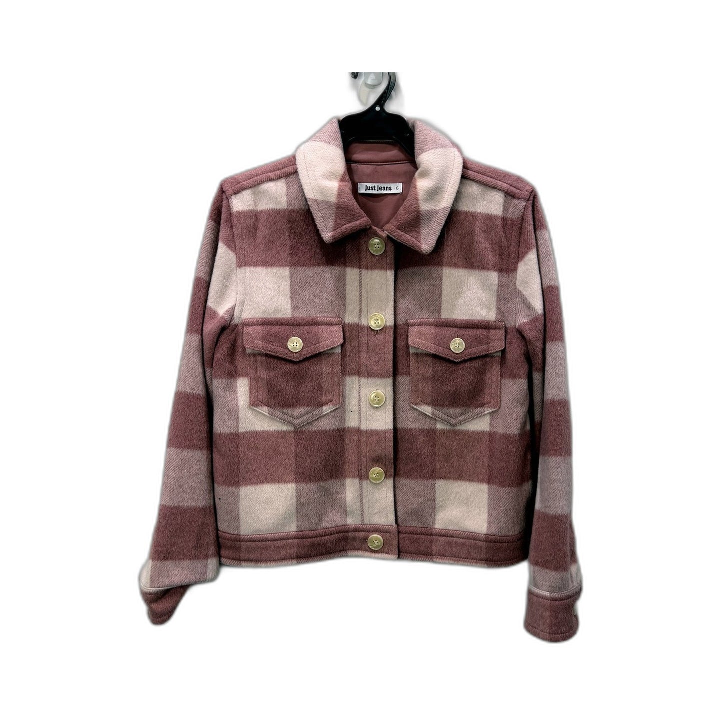 Just Jeans Womens Plaid Fleece Jacket in Cozy Pink and Gray, Size 6