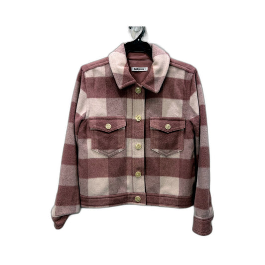 Just Jeans Womens Plaid Fleece Jacket in Cozy Pink and Gray, Size 6