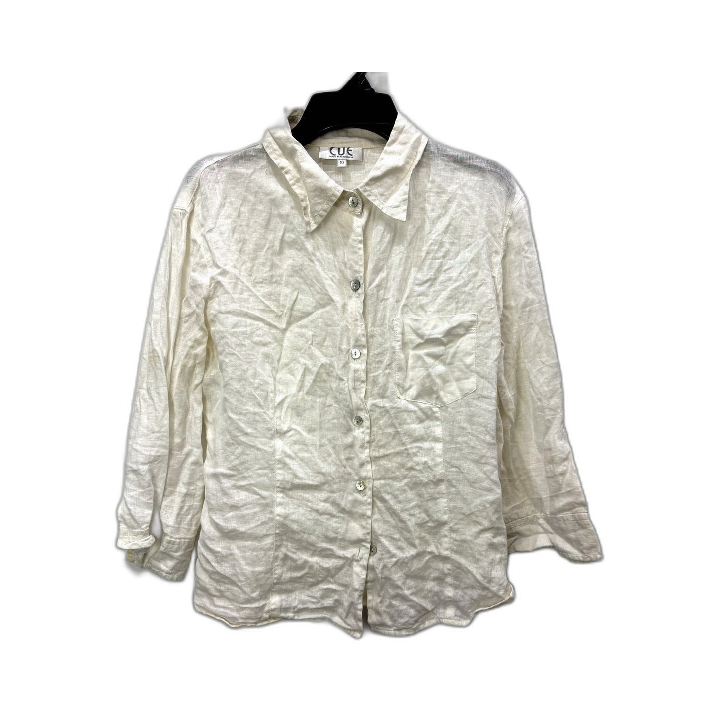 Cue Womens Linen Button-Down Shirt - Long Sleeve, Off White, Size 10