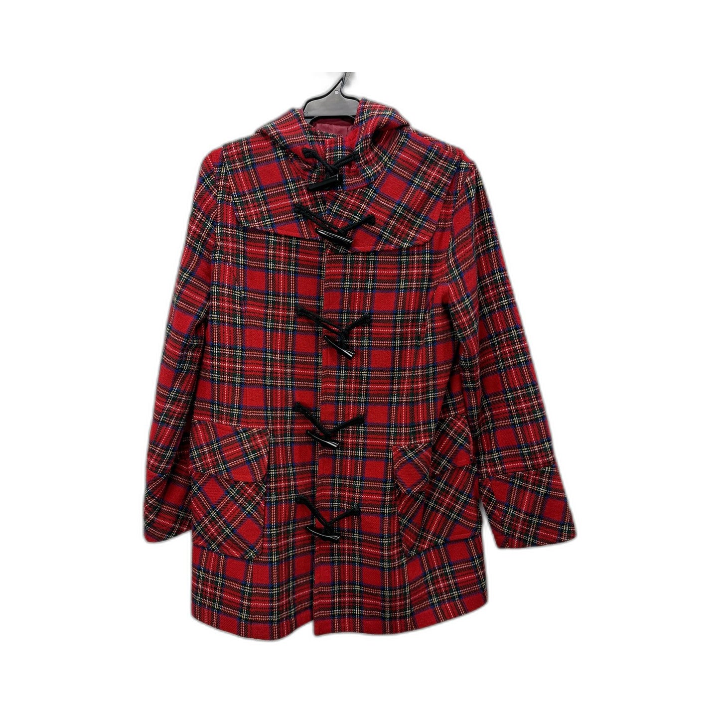 Solitaire Womens Plaid Hooded Jacket in Red & Black, Size 10