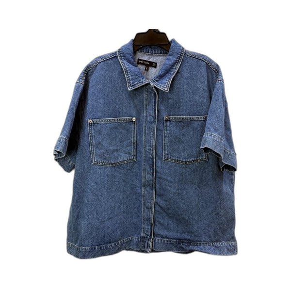 Decjuba Womens Faded Distressed Blue Denim Button-Down Shirt, Size 12