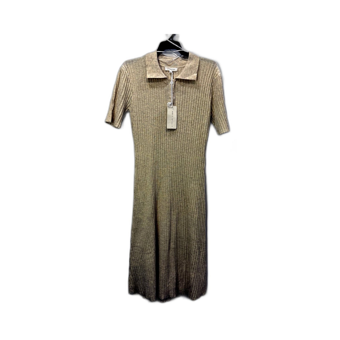 Little Lies Womens Ribbed Knit Dress Casual Zip-Up Short Sleeve Beige Size L NEW