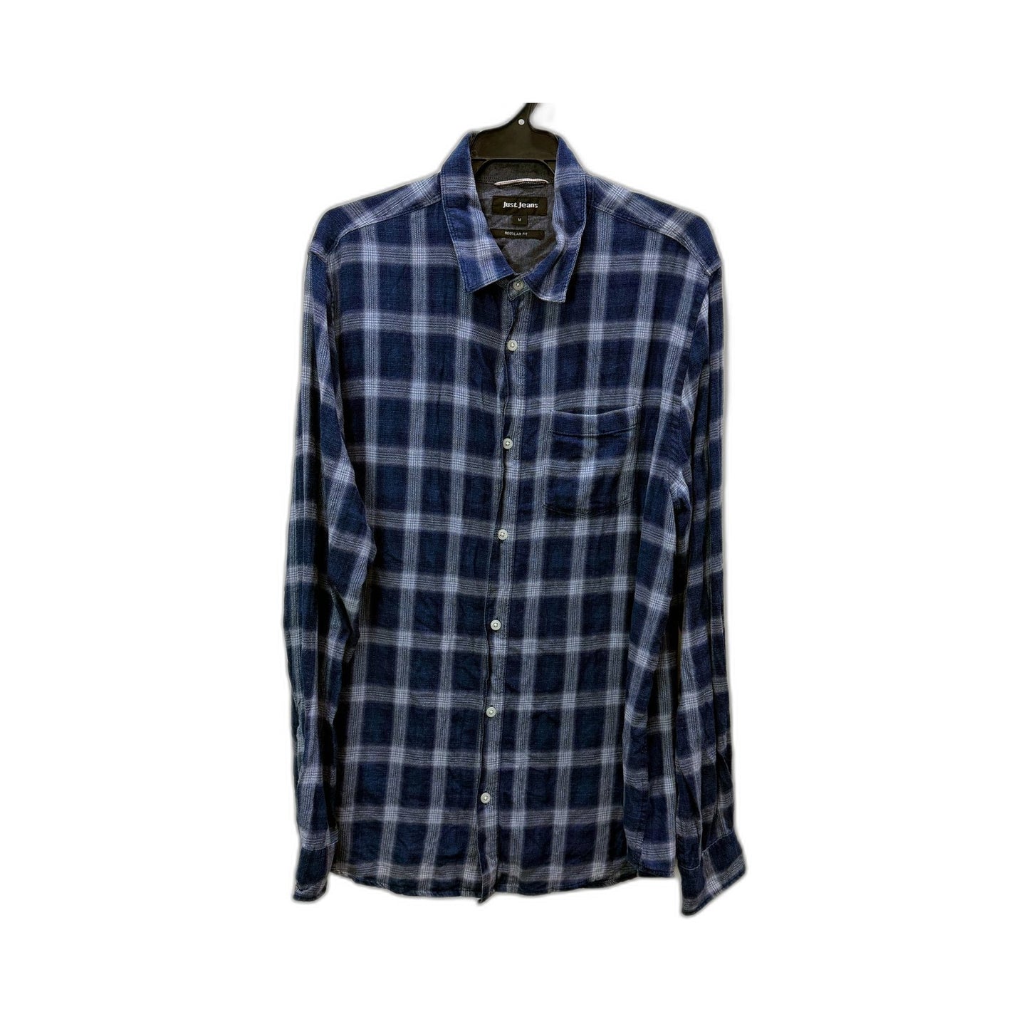 Just Jeans Mens Plaid Button-Down Shirt in Navy Blue & Gray, Size M