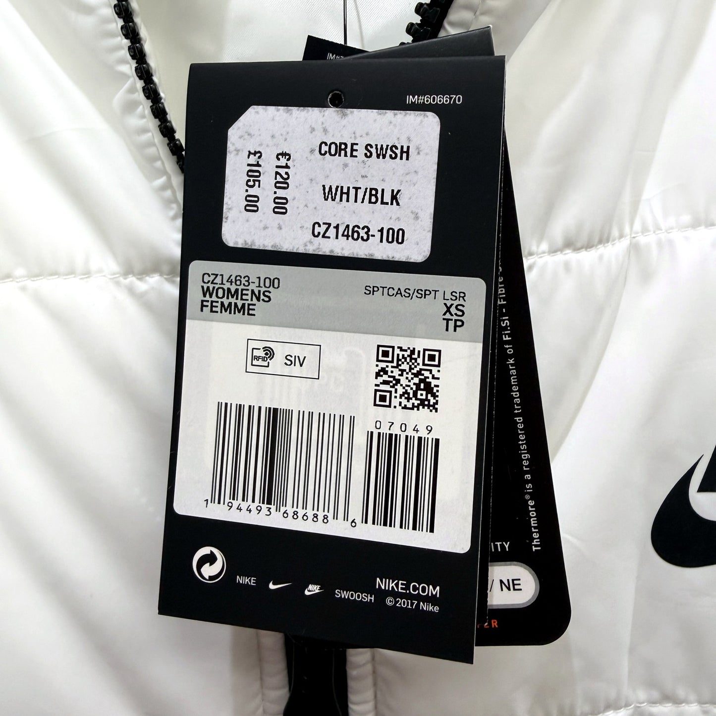 Nike Womens Long Puffer Jacket Lightweight Winter Coat White/Black Sz XS NEW