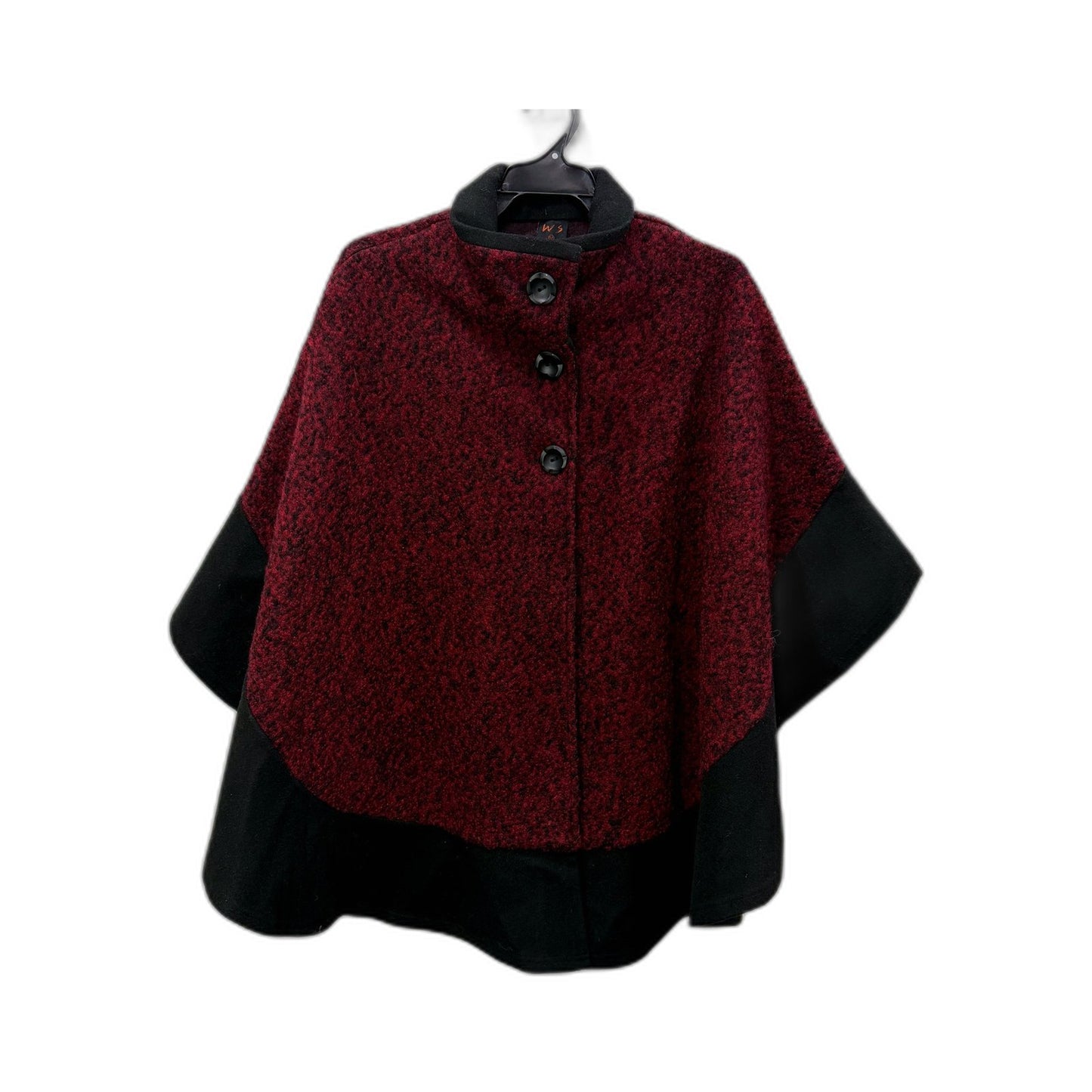 WS Womens Poncho Button Coat in Burgundy - Wool Blend Flared Hem, Size 12