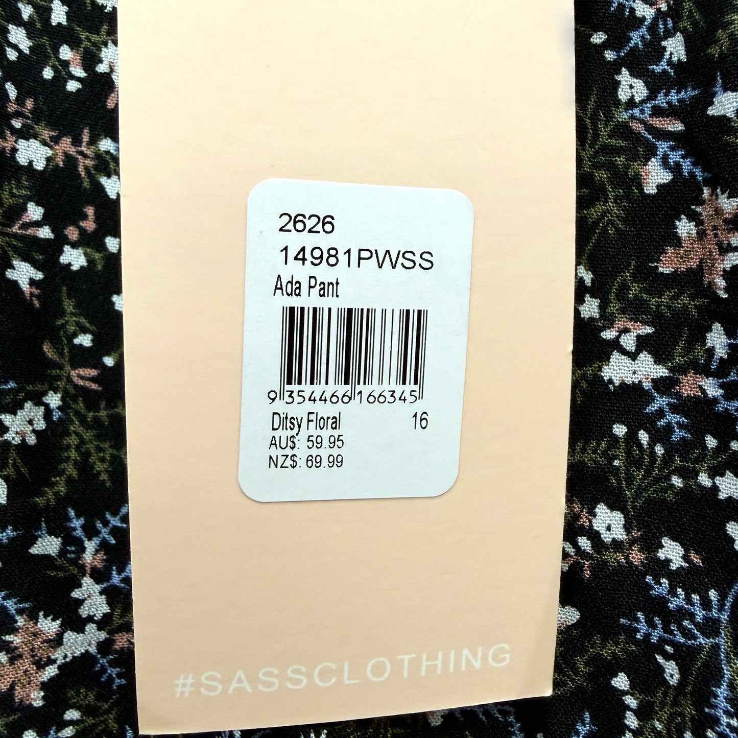 Sass Womens Ada Pant in Ditsy Floral Print with Stretchy Waist, Size 16 NEW