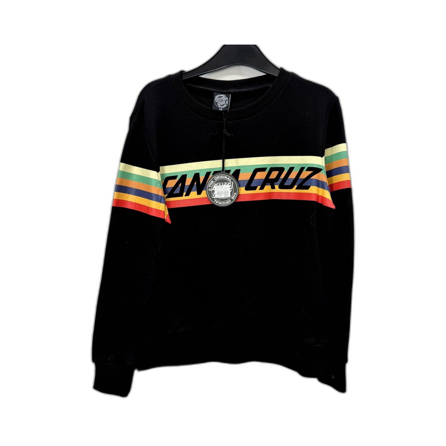 Santa Cruz Womens Stripe Strip Crew Pullover Sweatshirt Black with Rainbow NEW