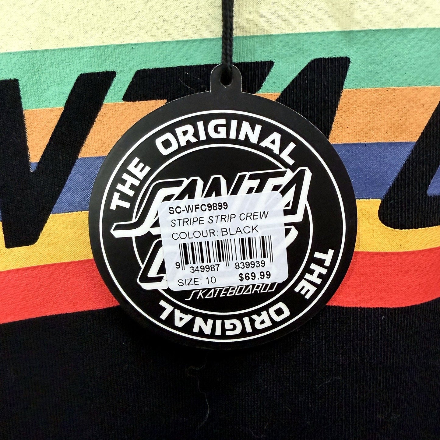 Santa Cruz Womens Stripe Strip Crew Pullover Sweatshirt Black with Rainbow NEW
